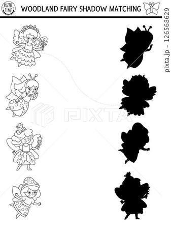 Woodland fairy black and white shadow matching activity with girl. Magic forest puzzle with acorn princess. Find correct silhouette printable worksheet, game. Fairytale fantasy coloring page Woodland fairy black and white shadow matching activity with girl. Magic forest puzzle with acorn princess. Find correct silhouette printable worksheet, game. Fairytale fantasy coloring page 126568629