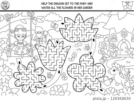 Black and white maze for kids with fairy, geometrical labyrinths shaped as flowers, house, magic garden. Fairytale printable activity with dragon watering plants. Labyrinth game, puzzle, coloring page Black and white maze for kids with fairy, geometrical labyrinths shaped as flowers, house, magic garden. Fairytale printable activity with dragon watering plants. Labyrinth game, puzzle, coloring page 126568630