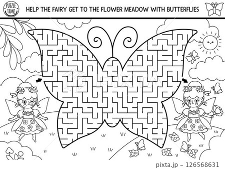 Black and white maze for kids with fairy, geometrical labyrinth shaped as butterfly. Fairytale princess printable activity. Labyrinth game, puzzle, coloring page with magic forest, girl, flower meadow 126568631