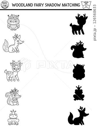 Woodland fairy black and white shadow matching activity with fantasy animal. Magic forest puzzle with owl, fox, squirrel. Find correct silhouette printable worksheet, game. Fairytale coloring page for Woodland fairy black and white shadow matching activity with fantasy animal. Magic forest puzzle with owl, fox, squirrel. Find correct silhouette printable worksheet, game. Fairytale coloring page for 126568633
