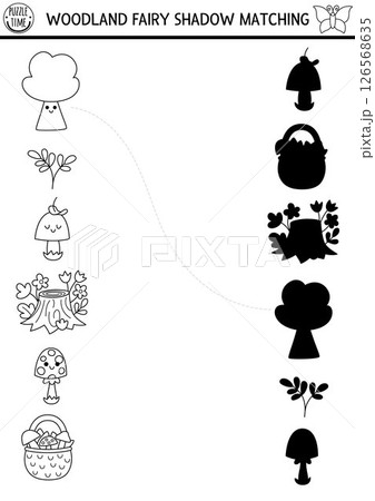 Woodland fairy black and white shadow matching activity. Magic forest puzzle with tree, basket, mushroom. Find correct silhouette printable worksheet, game. Fairytale coloring page Woodland fairy black and white shadow matching activity. Magic forest puzzle with tree, basket, mushroom. Find correct silhouette printable worksheet, game. Fairytale coloring page 126568635