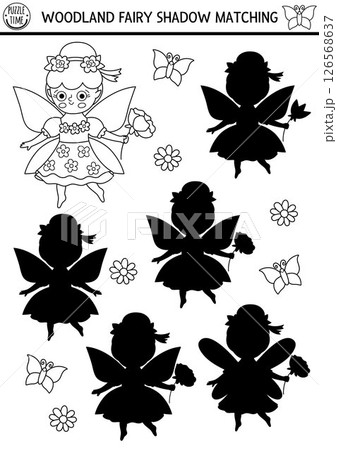 Woodland fairy black and white shadow matching activity with girl. Magic forest puzzle with flower princess. Find correct silhouette printable worksheet, game. Fairytale fantasy coloring page 126568637