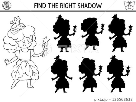 Woodland fairy black and white shadow matching activity with girl. Magic forest puzzle with acorn princess. Find correct silhouette printable worksheet, game. Fairytale fantasy coloring page 126568638