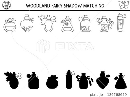 Woodland fairy black and white shadow matching activity with magic potion. Fantasy forest puzzle with berry, flower, love elixir. Find correct silhouette printable worksheet. Fairytale coloring page Woodland fairy black and white shadow matching activity with magic potion. Fantasy forest puzzle with berry, flower, love elixir. Find correct silhouette printable worksheet. Fairytale coloring page 126568639