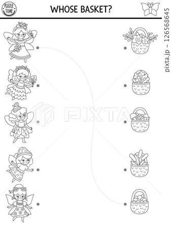Woodland fairy black and white matching activity with cute girls and baskets with berry, mushroom, acorn, flower, reeds. Fairytale princess puzzle, coloring page. Match objects game Woodland fairy black and white matching activity with cute girls and baskets with berry, mushroom, acorn, flower, reeds. Fairytale princess puzzle, coloring page. Match objects game 126568645