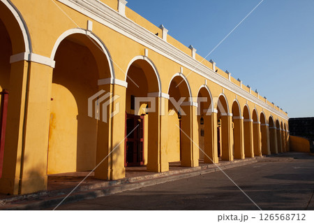 Colonial building of Las Bovedas in the walled city of Cartagena de Indias, Colombia 126568712
