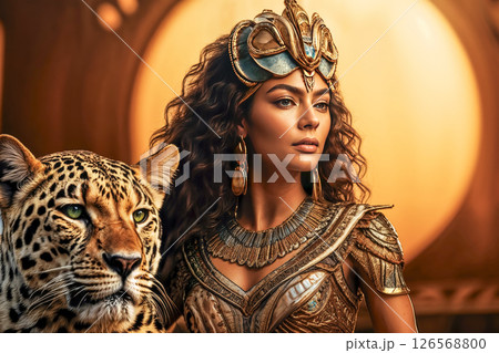 Beautiful and warlike Egyptian queen riding a royal cheetah 126568800