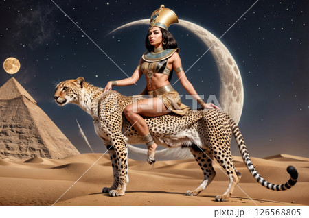 Beautiful and warlike Egyptian queen riding a royal cheetah 126568805