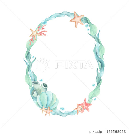 Frame algae, seaweed, starfish, seashell, sea sponges, underwater bubbles. Watercolor illustration mint turquoise coral colors isolated from background. Oval wreath, template in sea theme kids design 126568928
