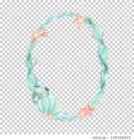 Frame algae, seaweed, starfish, seashell, sea sponges, underwater bubbles. Watercolor illustration mint turquoise coral colors isolated from background. Oval wreath, template in sea theme kids design 126568928