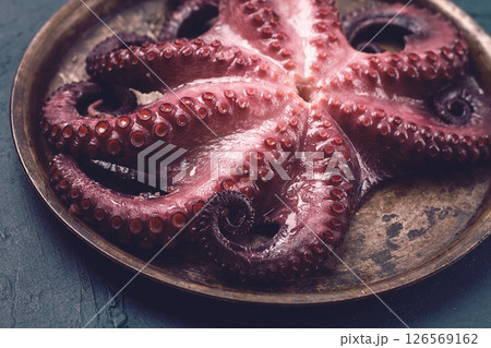 Boiled octopus, close-up, rustic style, no people, top view, close-up, Boiled octopus, close-up, rustic style, no people, top view, close-up, 126569162