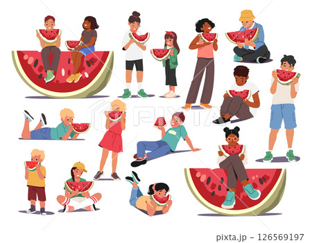 Cute children eating juicy watermelon summer fruit cartoon set isolated on white background 126569197