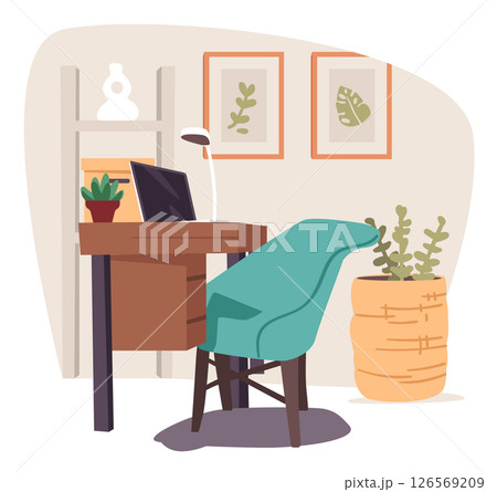 Empty cozy home office room with desk table, armchair and personal computer cartoon interior design 126569209