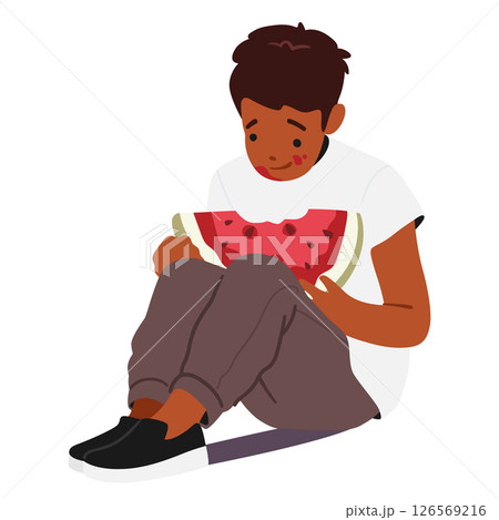 Boy child cartoon character eating watermelon sweet food sitting isolated on white background 126569216