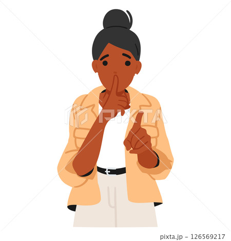 Woman cartoon character putting finger to lips asking to keep secret and speaking less loudly 126569217