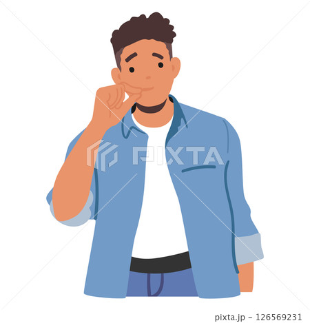 Young stylish guy cartoon character promising to keep silence gesturing trustworthy hand sign 126569231