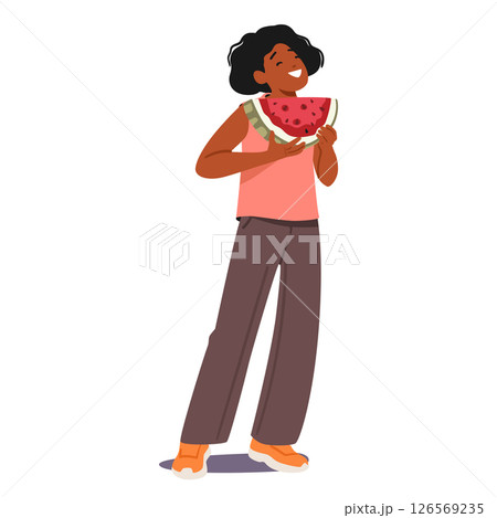 Teenage girl cartoon character eating watermelon fruit with smile on face and joyful expression 126569235