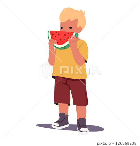 Cute toddler boy kid cartoon character eating sweet watermelon fruit isolated on white background 126569239