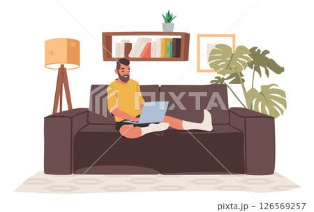 Freelance man cartoon character working online using laptop computer sitting on home sofa scene 126569257
