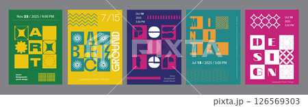 Minimalism geometric poster cover set. A4 banners with brutalism shapes, square mosaics, striped line prints, colourful minimal fliers. Modernism art design with Y2K aesthetics. Vector illustration. 126569303