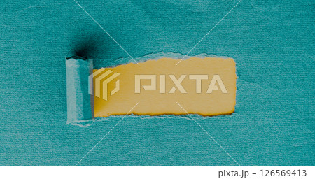 Torn turquoise stripes on a yellow background. Copy space. Creative mockup Torn turquoise stripes on a yellow background. Copy space. Creative mockup 126569413