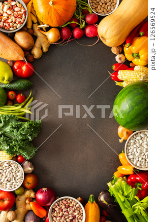 A frame of ripe fresh organic seasonal vegetables from an autumn farm harvest, organic seasonal vegetables A frame of ripe fresh organic seasonal vegetables from an autumn farm harvest, organic seasonal vegetables 126569524
