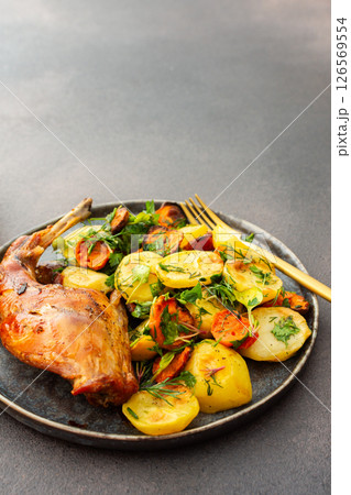 Baked rabbit with potatoes and carrots, a set table with food 126569554