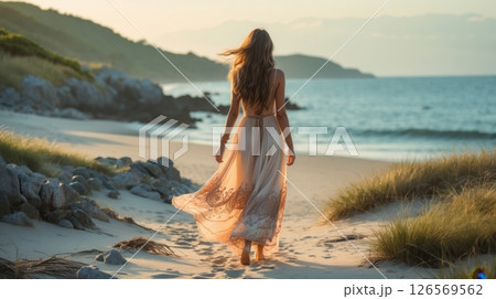 a young woman in a dress walks toward the ocean 126569562