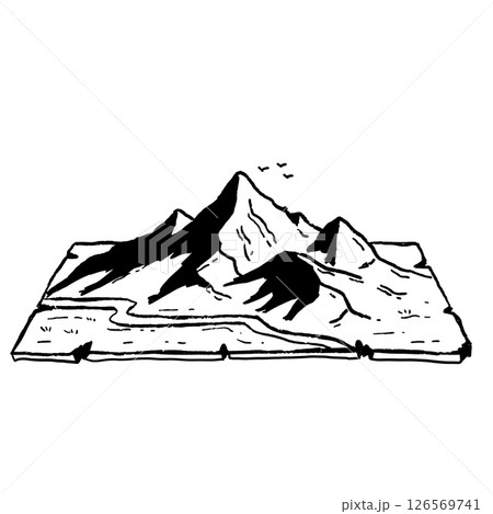 Mountains, map, graphic ink-style mountain peaks drawn on a torn map edge. Symbolic design for exploration and nature lovers. 126569741