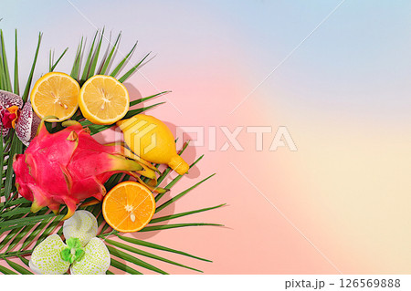 Dragon fruit, pitaya, oranges, lemons, orchid flowers on palm leaves, tropical background with palm trees and exotic fruits, beautiful template for your design, bright banner, summer in a snapshot. Dragon fruit, pitaya, oranges, lemons, orchid flowers on palm leaves, tropical background with palm trees and exotic fruits, beautiful template for your design, bright banner, summer in a snapshot. 126569888
