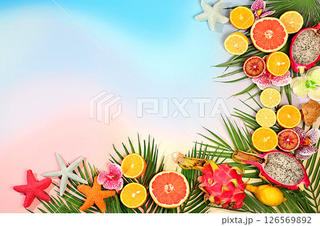Summer in a snapshot. Dragon fruit, pitaya, oranges, lemons, apricots, orchid flowers, seashells on palm leaves, tropical background with exotic fruits, beautiful template for your design, 126569892