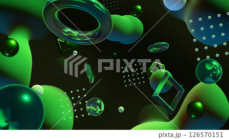 ガラスや流体や様々な図形が浮かぶグラスモーフィズム風の立体空間 - グリーン 126570151