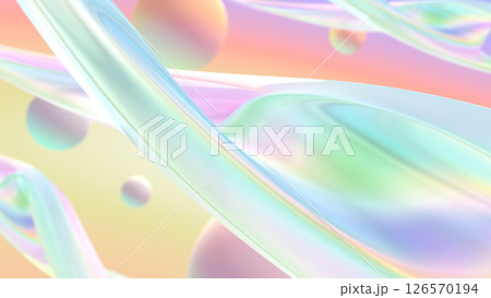 流線型のガラスや流体が浮かぶグラスモーフィズム風の立体空間 - レインボー 126570194