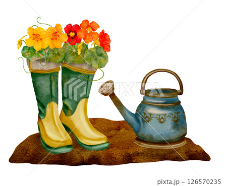 Colorful Gardening Boots Featuring Nasturtium Flowers and a Watering Can 126570235