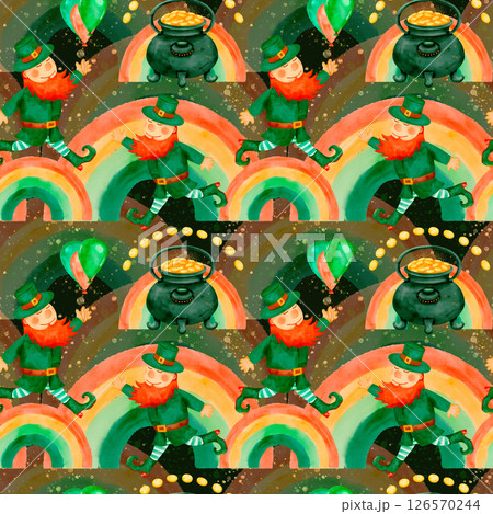 This is a whimsical leprechaun pattern featuring a vibrant rainbow and a pot of gold This is a whimsical leprechaun pattern featuring a vibrant rainbow and a pot of gold 126570244