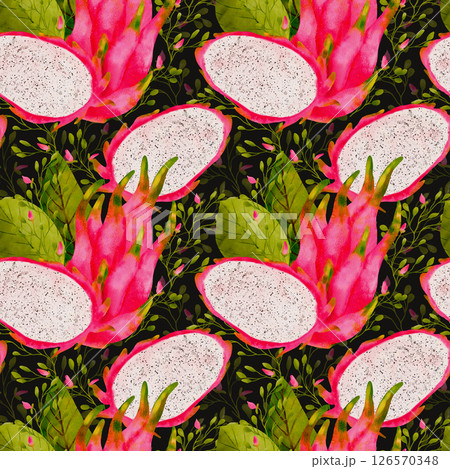 A Vibrant and Colorful Dragon Fruit Pattern Intertwined with Tropical Foliage Elements 126570348