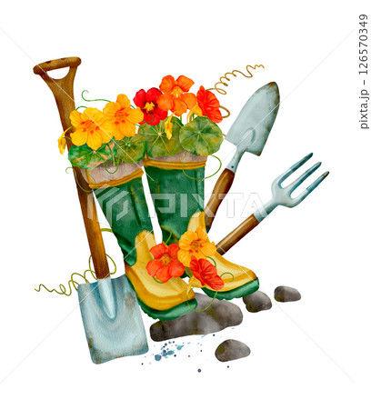 Gardening Tools and Beautiful Nasturtium Flowers in Stylish Gardening Boots 126570349