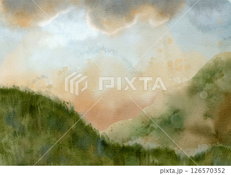 A Serene and Beautiful Watercolor Landscape Featuring Gentle Hills and Fluffy Clouds 126570352