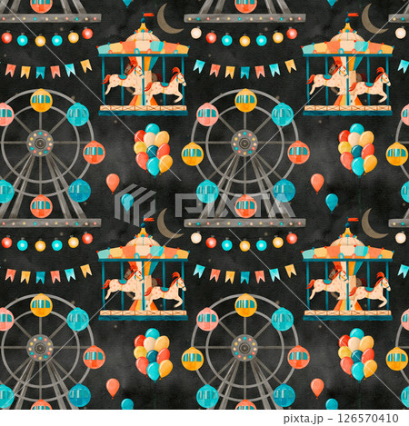Colorful carnival pattern featuring a Ferris wheel and a lovely carousel Colorful carnival pattern featuring a Ferris wheel and a lovely carousel 126570410