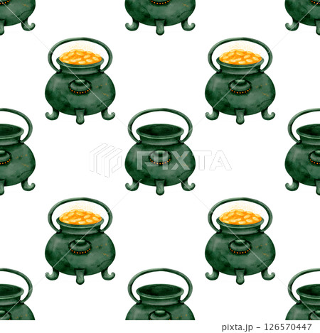 A charming and vibrant Lucky Green Cauldron adorned with a delightful Gold Coins Pattern 126570447