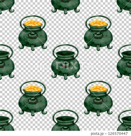 A charming and vibrant Lucky Green Cauldron adorned with a delightful Gold Coins Pattern 126570447