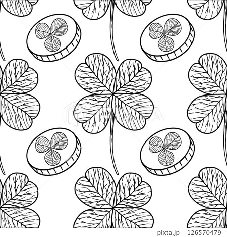 A seamless floral pattern with fourleaf clovers and coins, ideal for projects or celebrations A seamless floral pattern with fourleaf clovers and coins, ideal for projects or celebrations 126570479