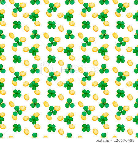 A Bright Pattern of Green Clovers and Sparkling Gold Coins, Ideal for Celebrations A Bright Pattern of Green Clovers and Sparkling Gold Coins, Ideal for Celebrations 126570489