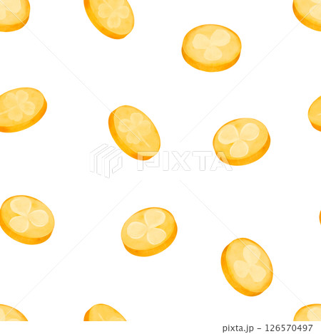 An Elegant Pattern Featuring Sliced Citrus Fruits Set Against a Crisp White Background 126570497