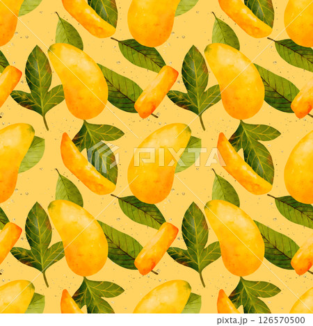 A vibrant illustration of a Mango and Leaf Pattern on a bright Yellow Background 126570500