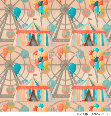 A Colorful Carnival Scene Featuring a Large Ferris Wheel Surrounded by Bright Balloons 126570505
