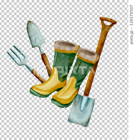Gardening Tools and Comfortable Rubber Boots for Engaging Outdoor Activities 126570507