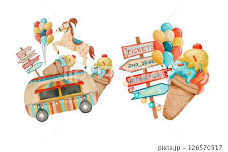 A Colorful Watercolor Ice Cream Theme featuring Balloons and Festive Signs 126570517