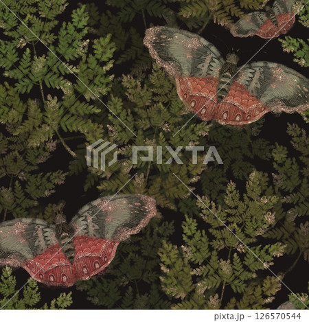 Forest fern branches, butterflies and snails. Seamless pattern. 126570544