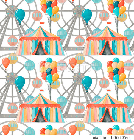 Carnival Ferris Wheel and Tent Watercolor Pattern Carnival Ferris Wheel and Tent Watercolor Pattern 126570569